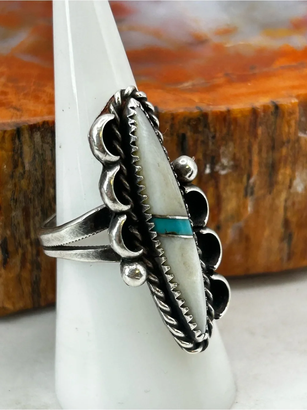 Southwest Sterling Silver Turquoise and Mother of Pearl Ring - Size 7.5
